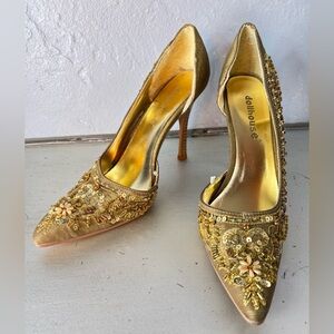 Dollhouse Gold Silk Embellished D'Orsay Stiletto Heel Size 7